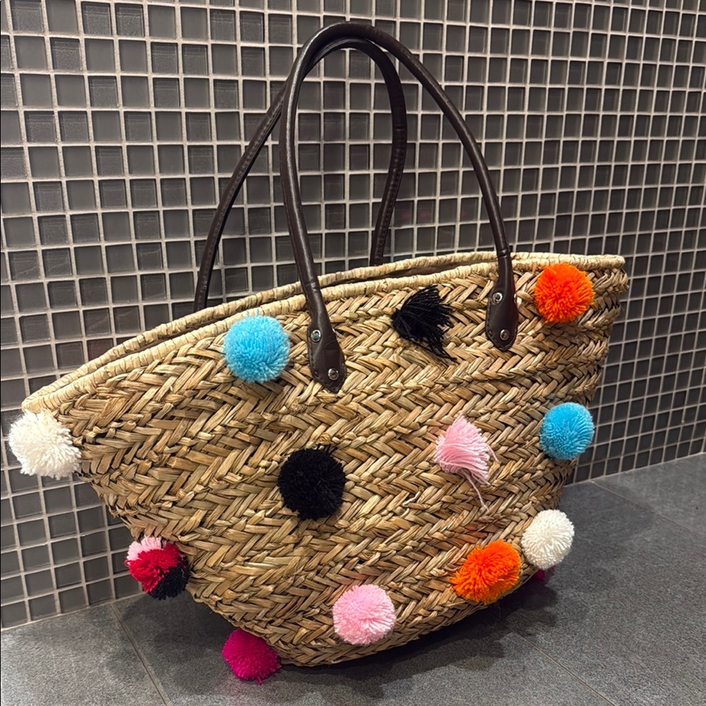 Tan and White Pom-Pom Tote Bag with Leather Handles